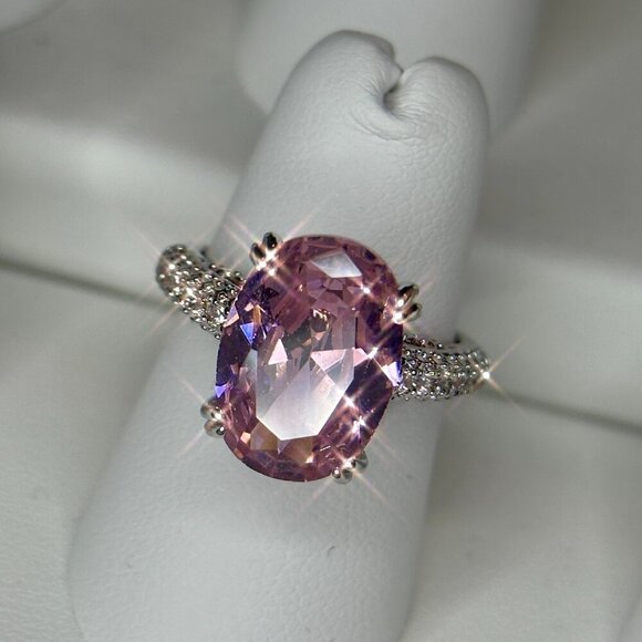 Pink Solitaire Gemstone Ring w/ Clear Accents Silver Plated Engagement size 7 - Picture 2 of 11